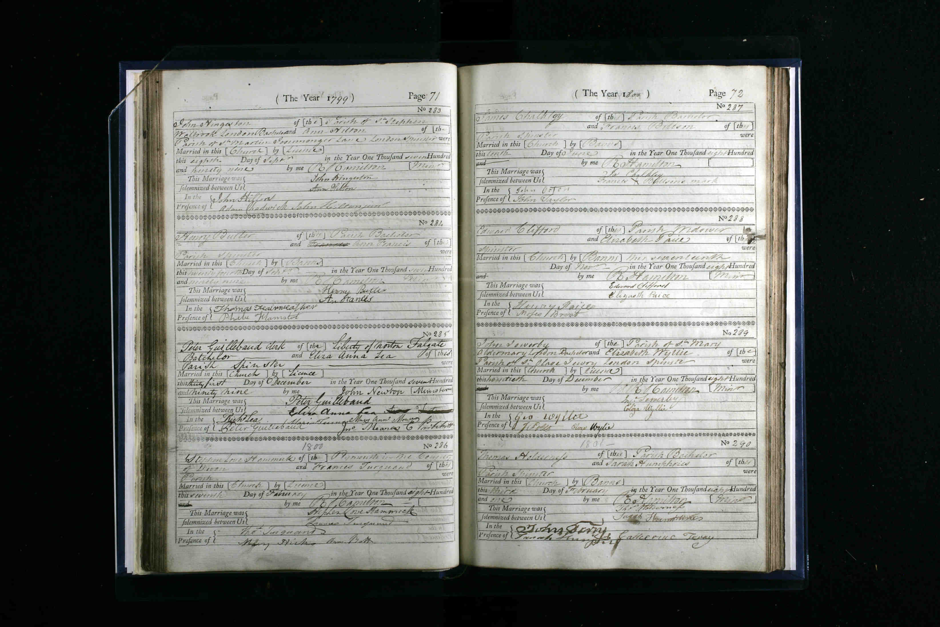 1799 marriage of Eliza Anna Lea to Peter Guillebaud